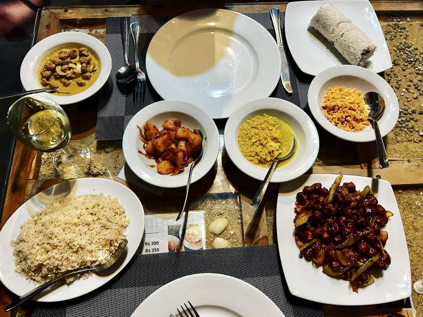 Sri Lankan rice and curry table spread at Valampuri Resort restaurant