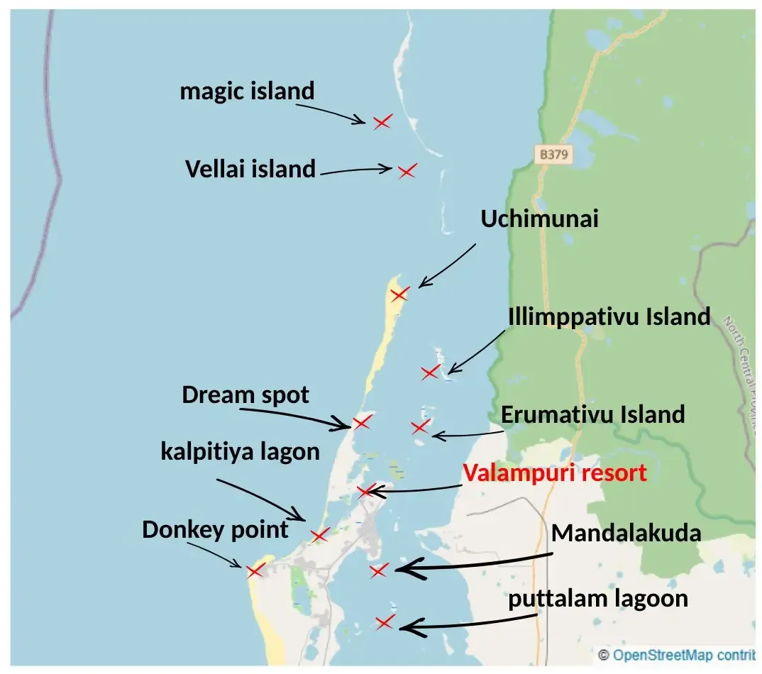 Map of Valampuri Resort and the surrounding Kalpitiya kitesurfing spots