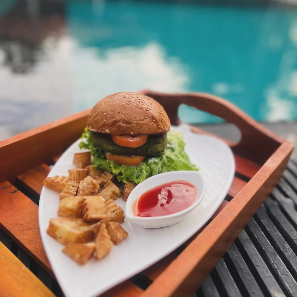 Poolside burger at Valampuri Resort